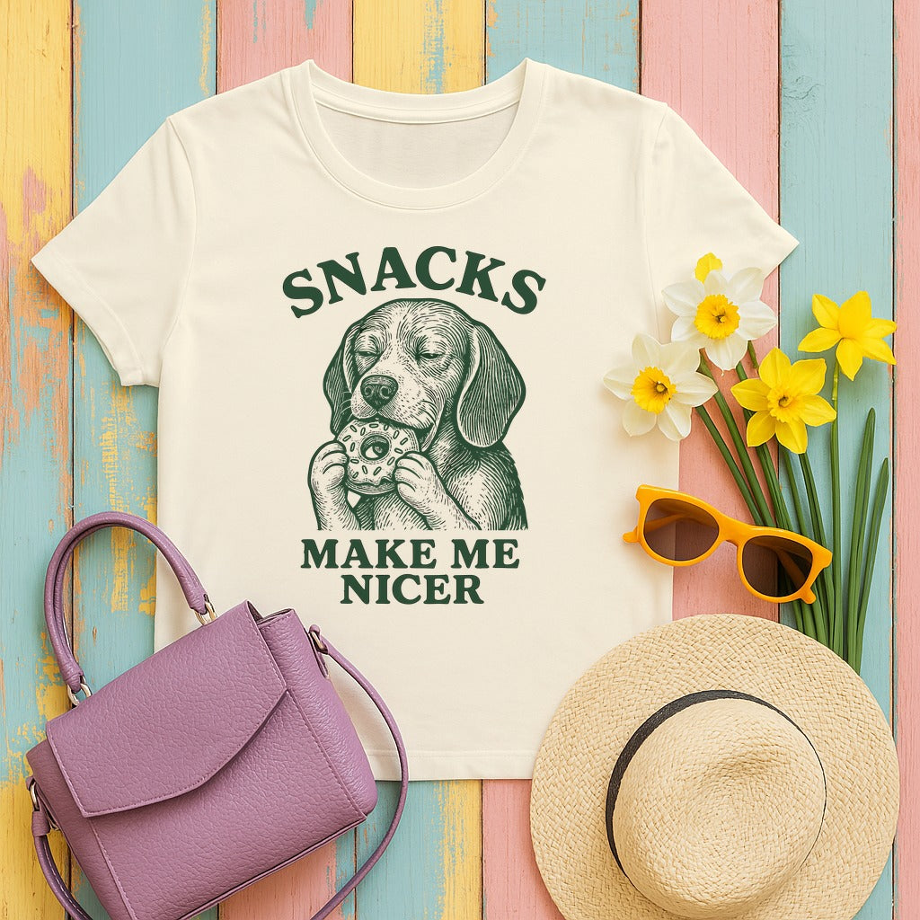 Snacks Make Me Nicer Dog with Beagle T-Shirt in Natural
