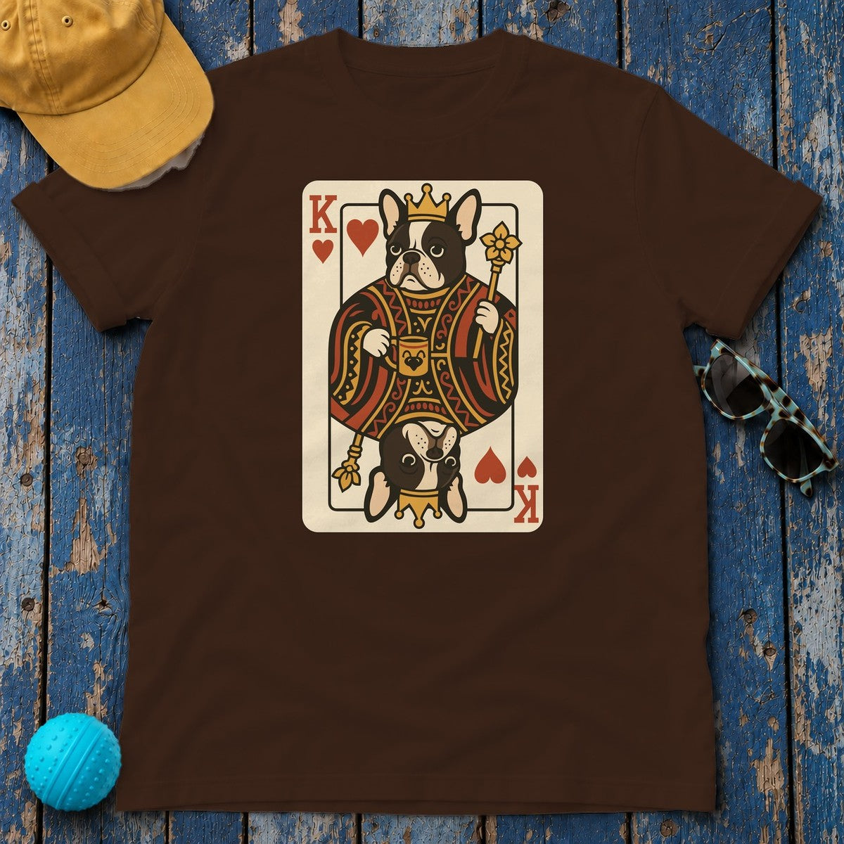 King Of Hearts French Bulldog Playing Card Funny Unique Design T-Shirt in Dark Chocolate