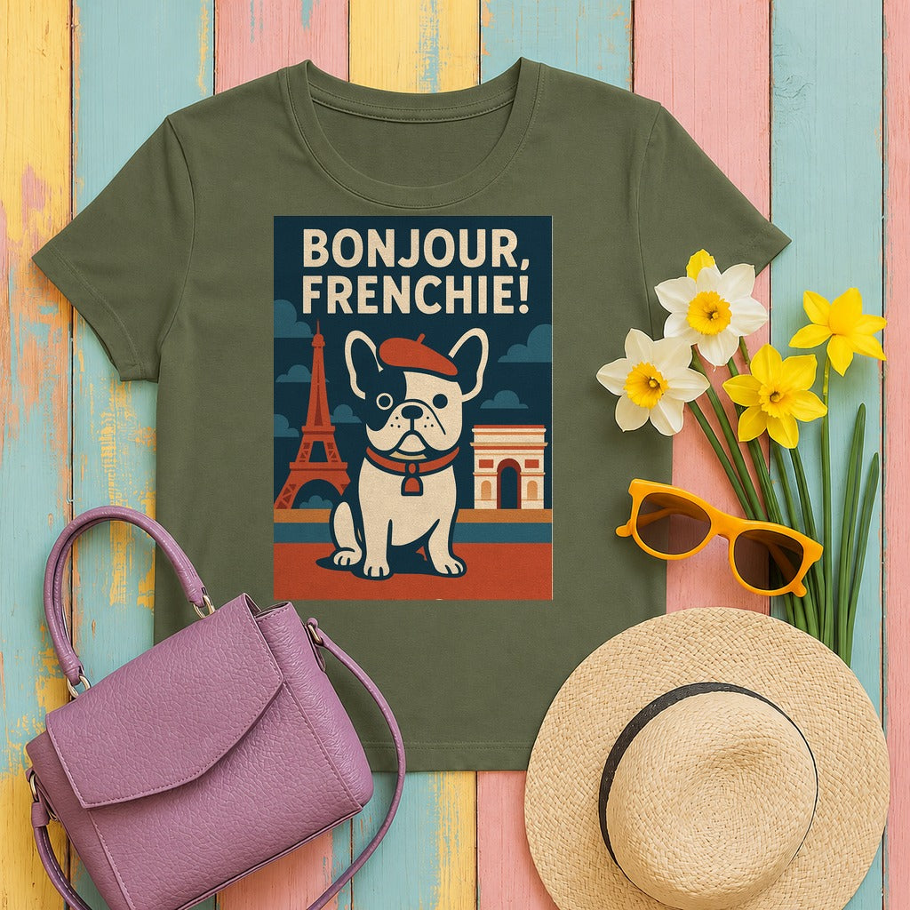 Bonjour Frenchie French Bulldog Paris T-Shirt in Military Green