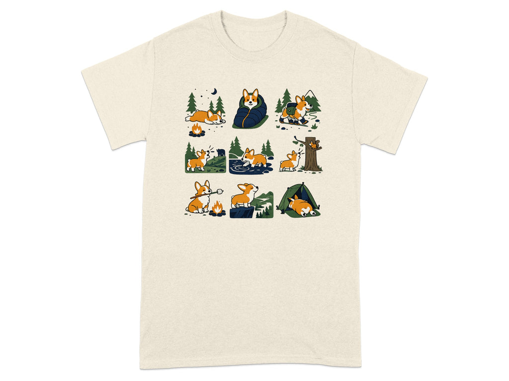 Corgis enjoying various camping activities with trees, mountains, and a campfire.