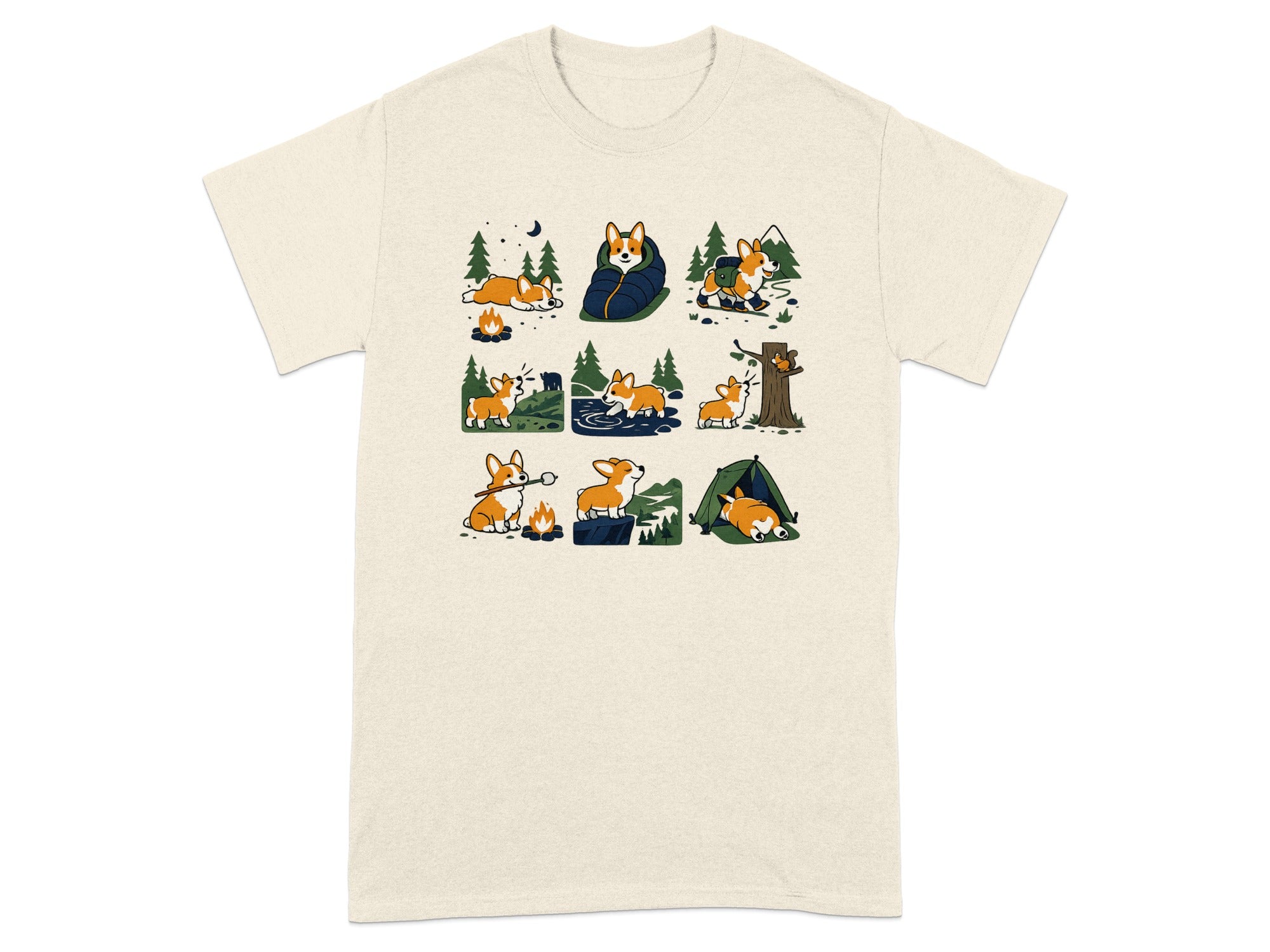 Corgis enjoying various camping activities with trees, mountains, and a campfire.