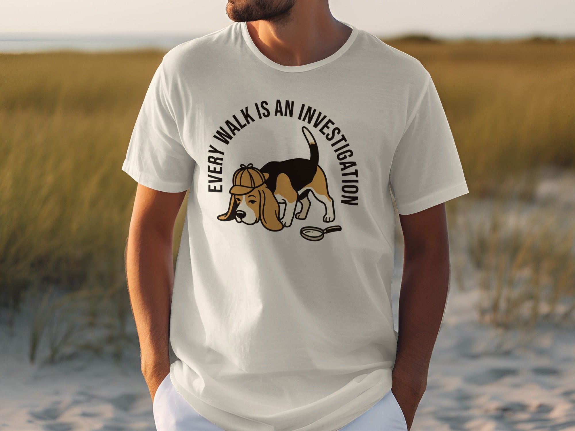 Beagle dog wearing a deerstalker hat with "Every walk is an investigation" text.