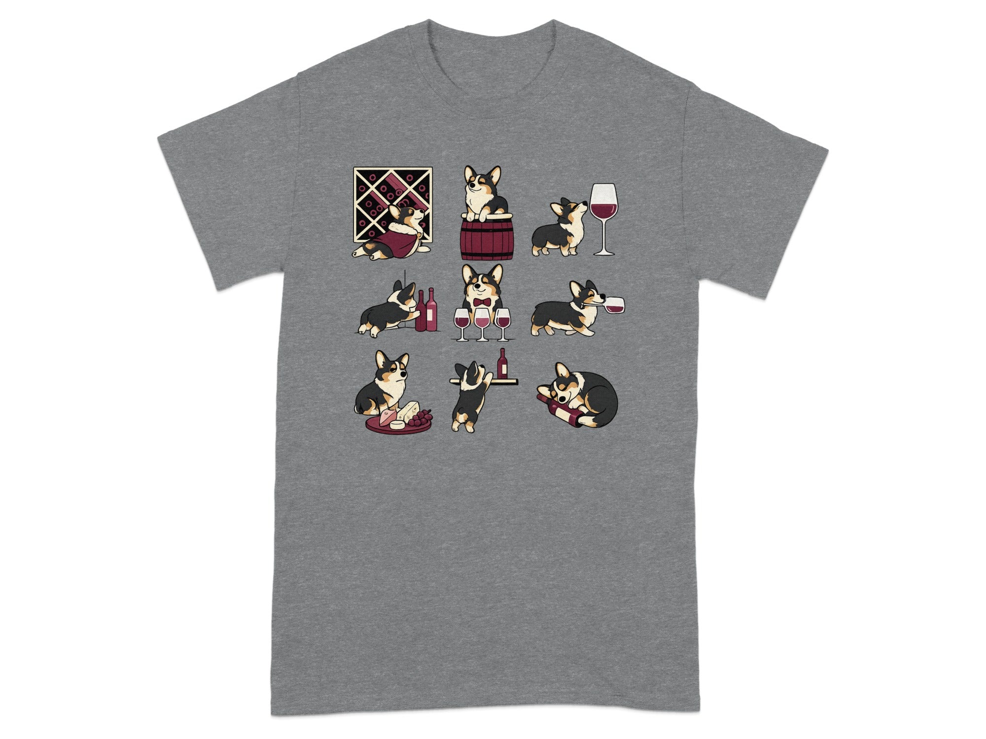 Cute corgis enjoying wine with tasting notes and sleeping on wine bottles.