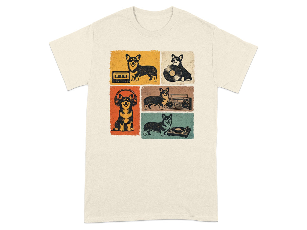 Corgis with a cassette tape, vinyl record, headphones, boombox, and turntable.