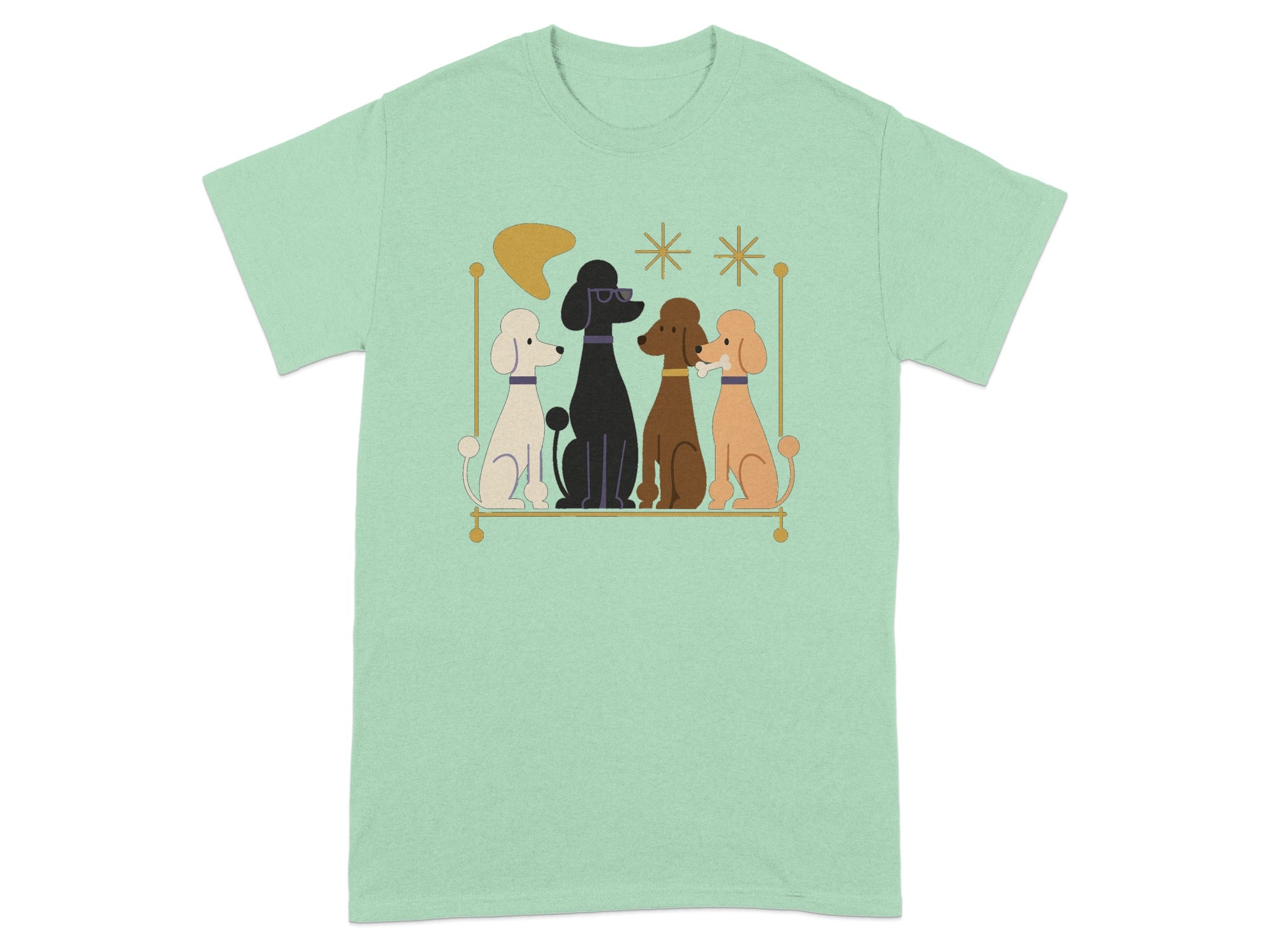 Four poodles in different colors sit on a decorative shelf with star accents.