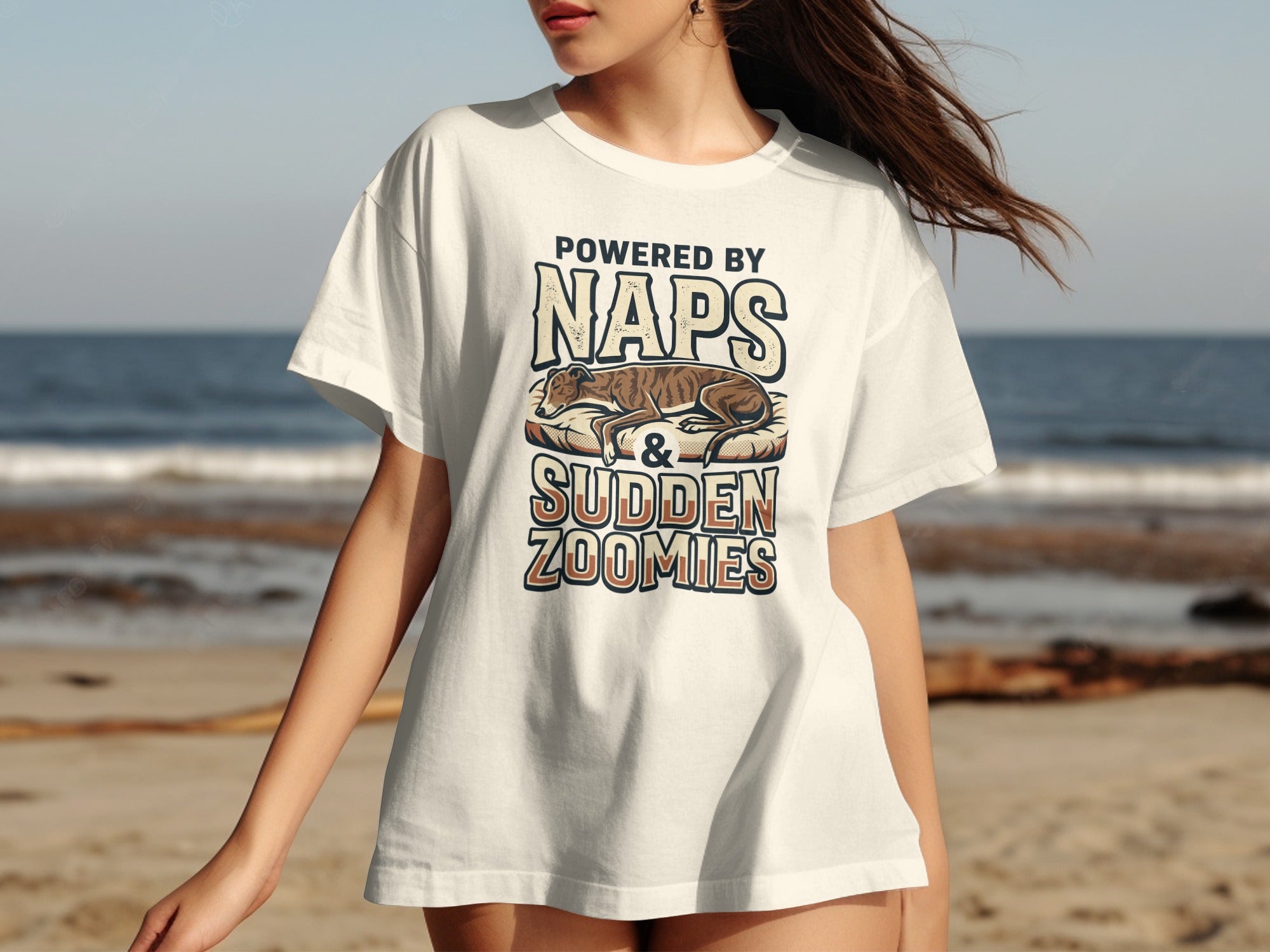 White t-shirt with "Powered by Naps & Sudden Zoomies" and a dog graphic.