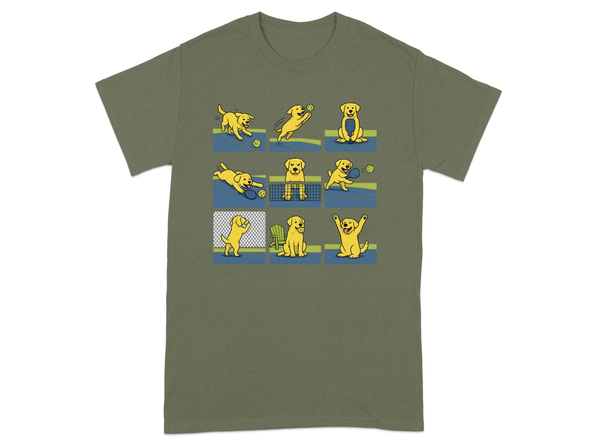 Nine illustrations of a yellow labrador retriever playing tennis on a court.