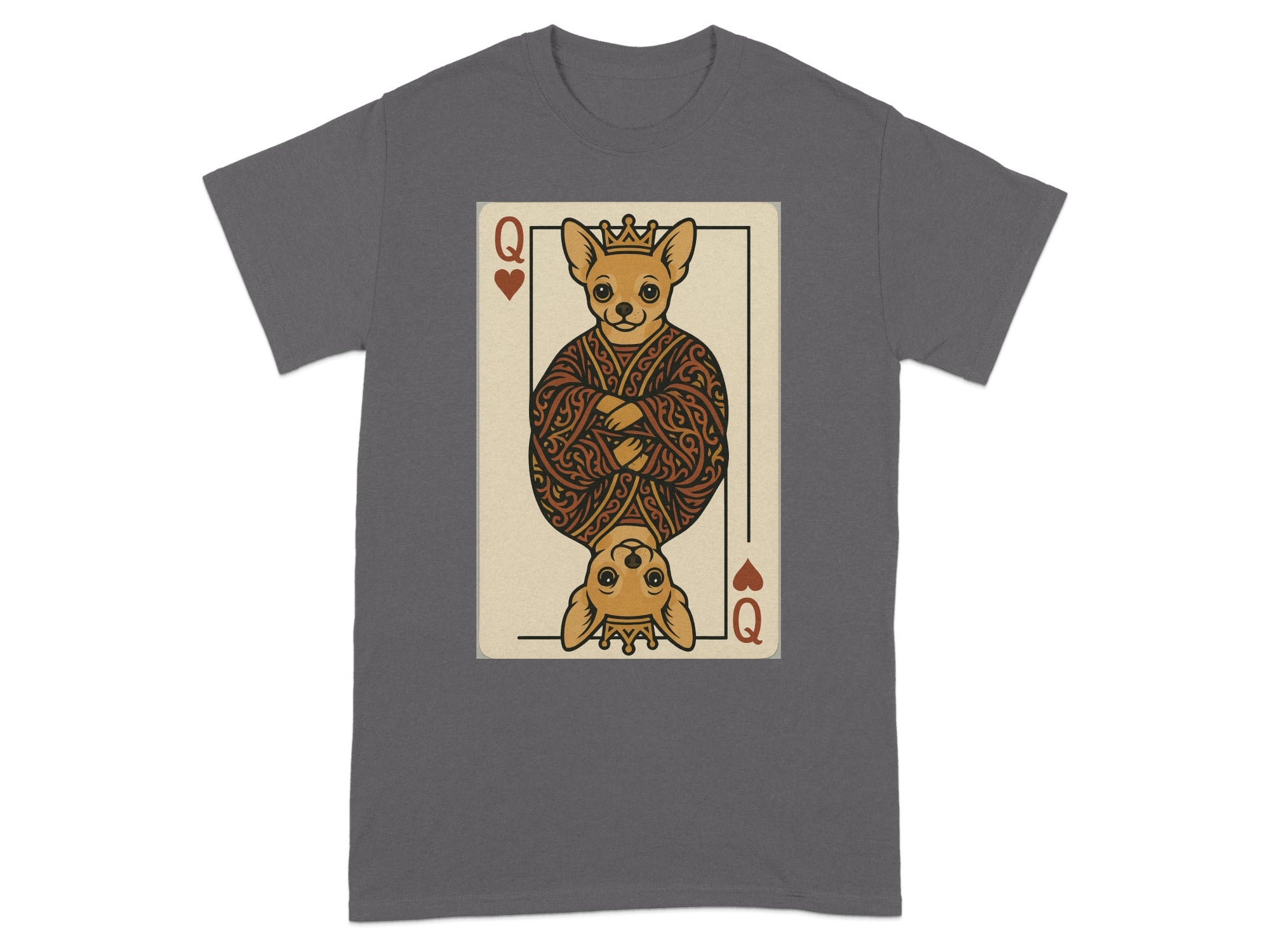 Queen of Hearts playing card with chihuahua wearing crown and robe.