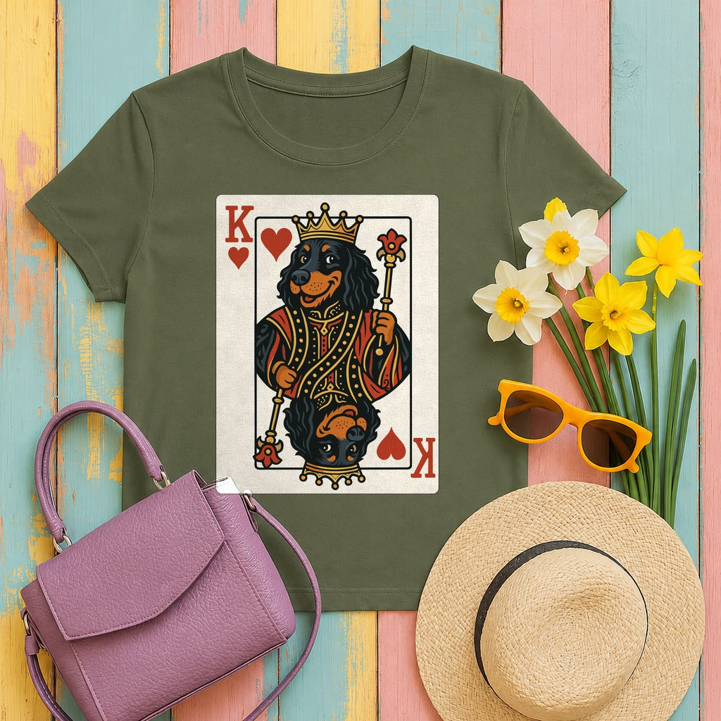 King Of Hearts Playing Card With Gordon Setter Illustration T-Shirt in Military Green