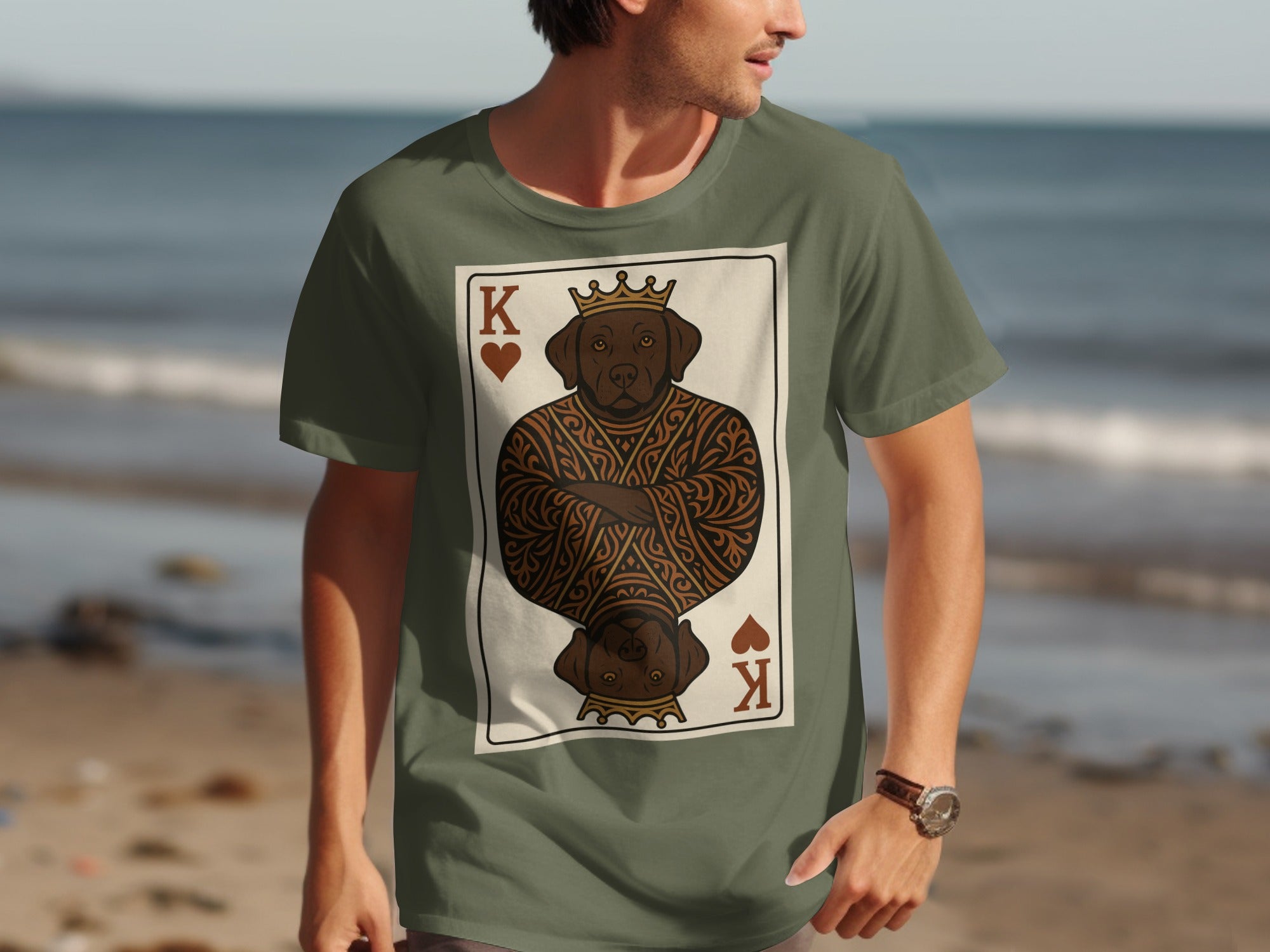 T-shirt featuring King of Hearts playing card with a chocolate lab dog.