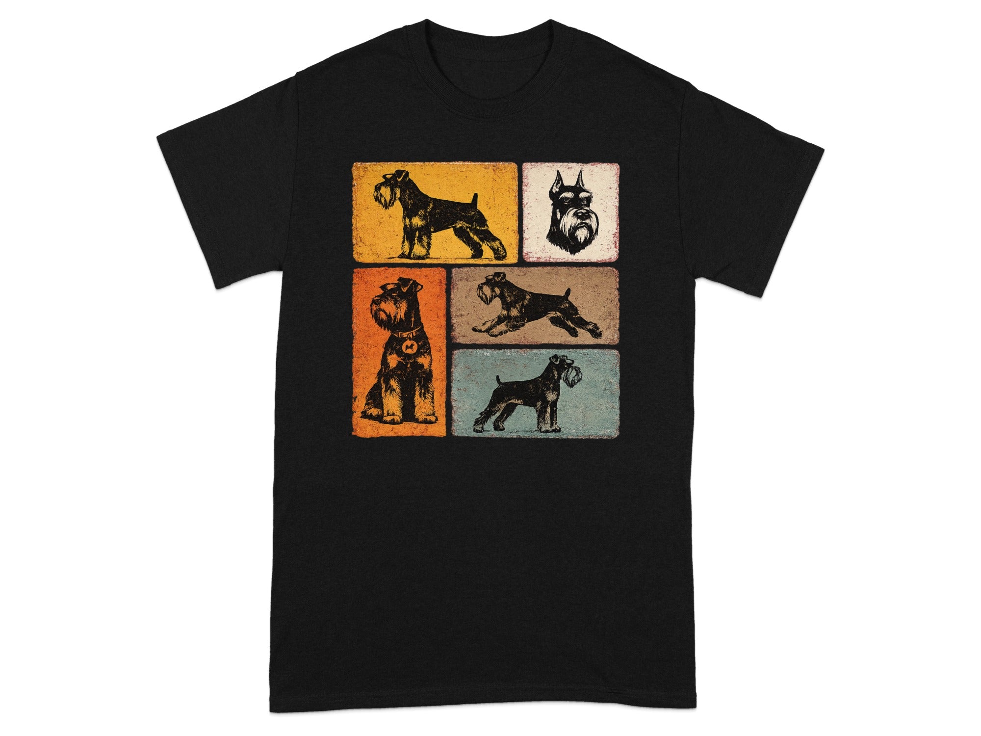Black t-shirt with a collage of six vintage schnauzer dog illustrations.
