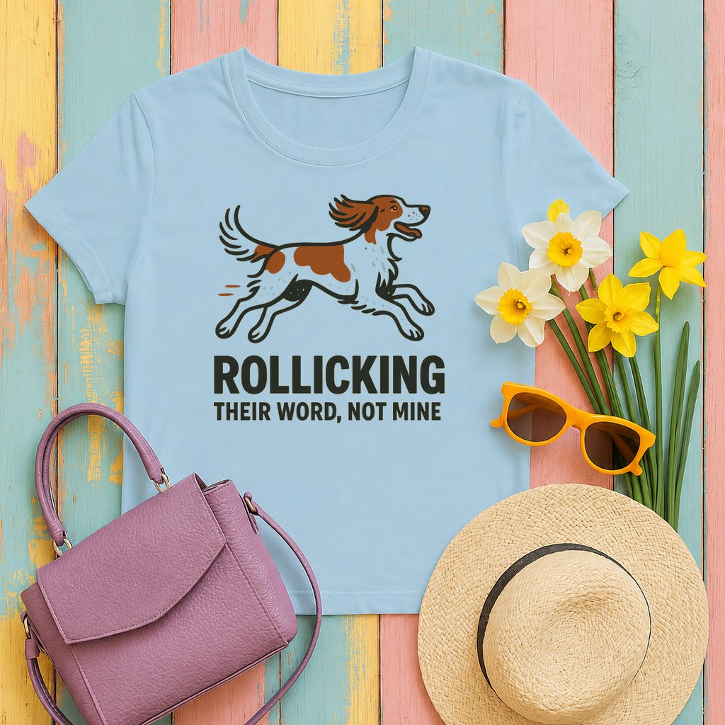 Irish Red and White Setter Rollicking Their Word Not Mine Tee in Light Blue