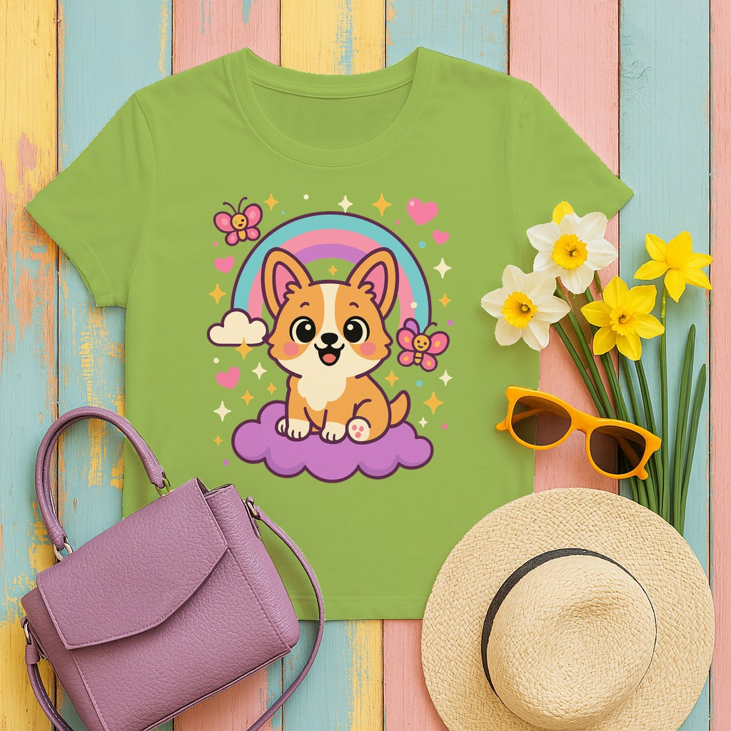 Corgi Dog on Cloud T-Shirt in Kiwi