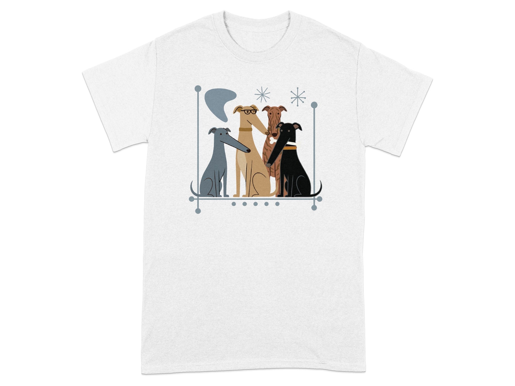 Four greyhounds in a stylized scene with a speech bubble.