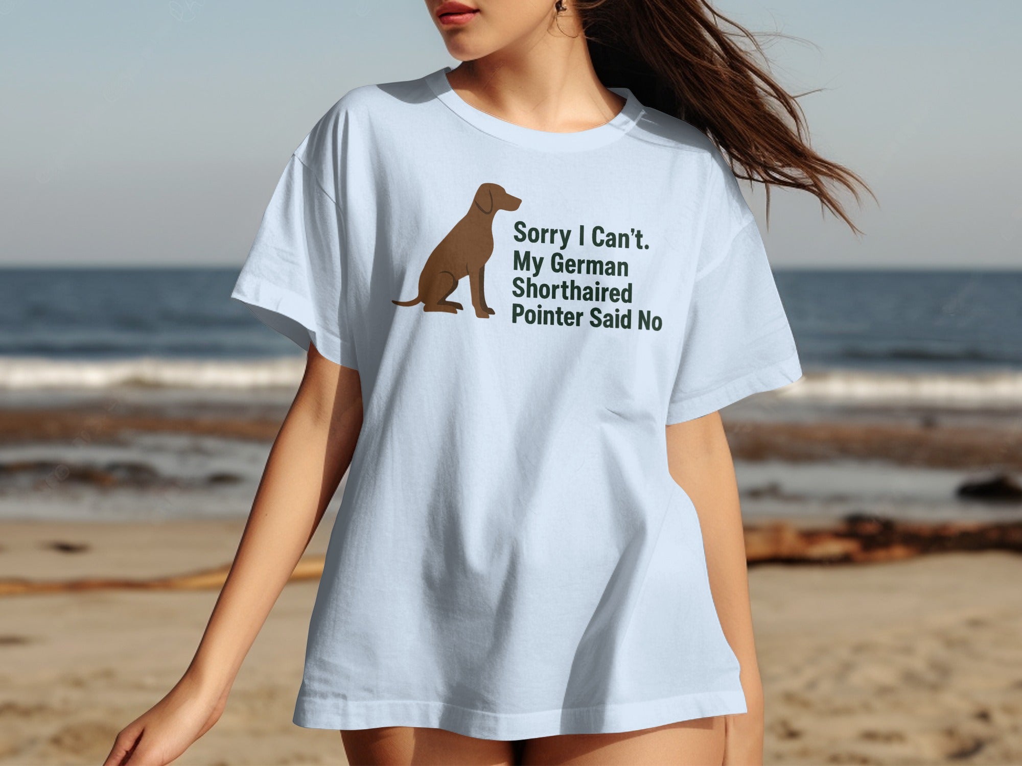 Light blue t-shirt with graphic: brown German Shorthaired Pointer and text.