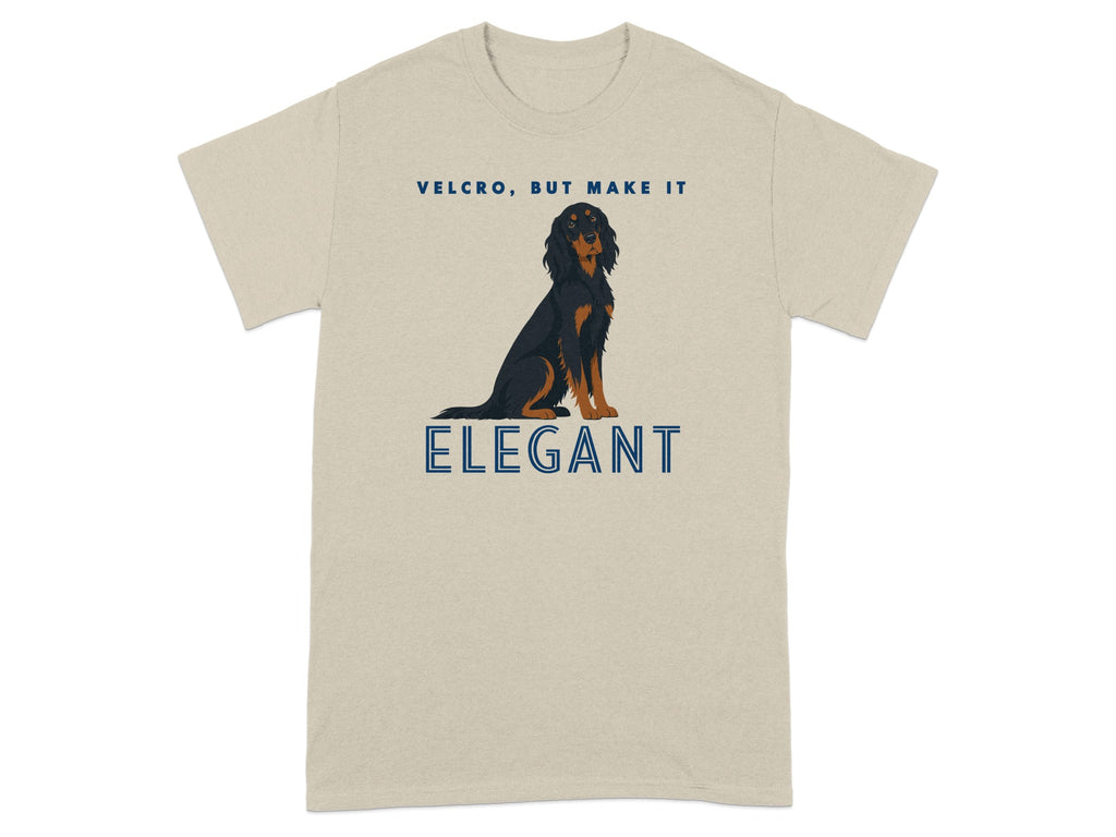 Beige t-shirt with "VELCRO, BUT MAKE IT ELEGANT" and a dog graphic.