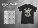 Gildan 5000 t-shirt with "When's Dinner?" text and dog graphic, beside size chart.