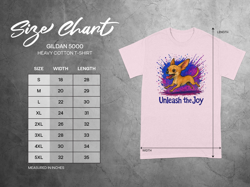Gildan 5000 t-shirt size chart highlighting width and length measurements in inches.