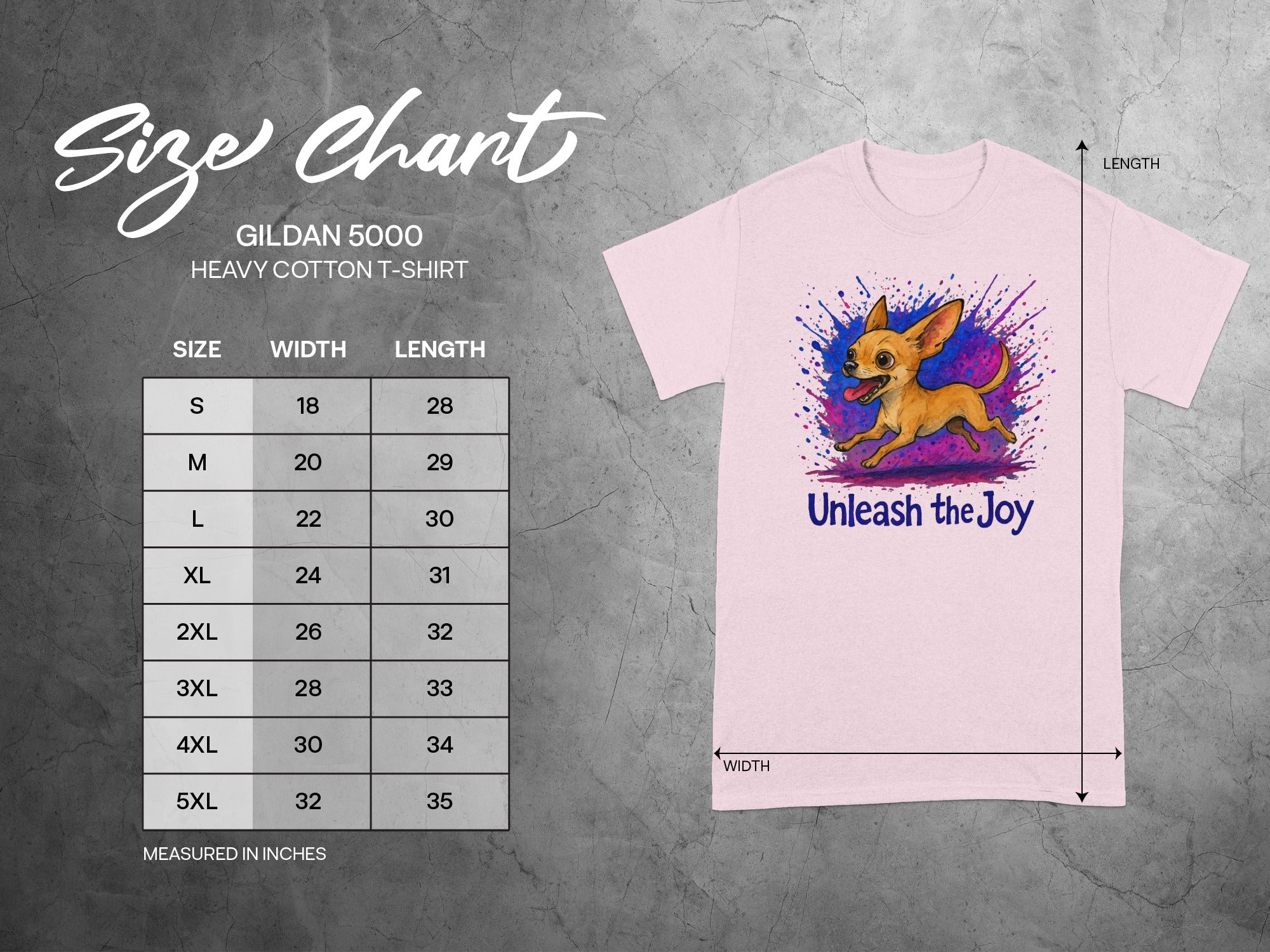 Gildan 5000 t-shirt size chart highlighting width and length measurements in inches.