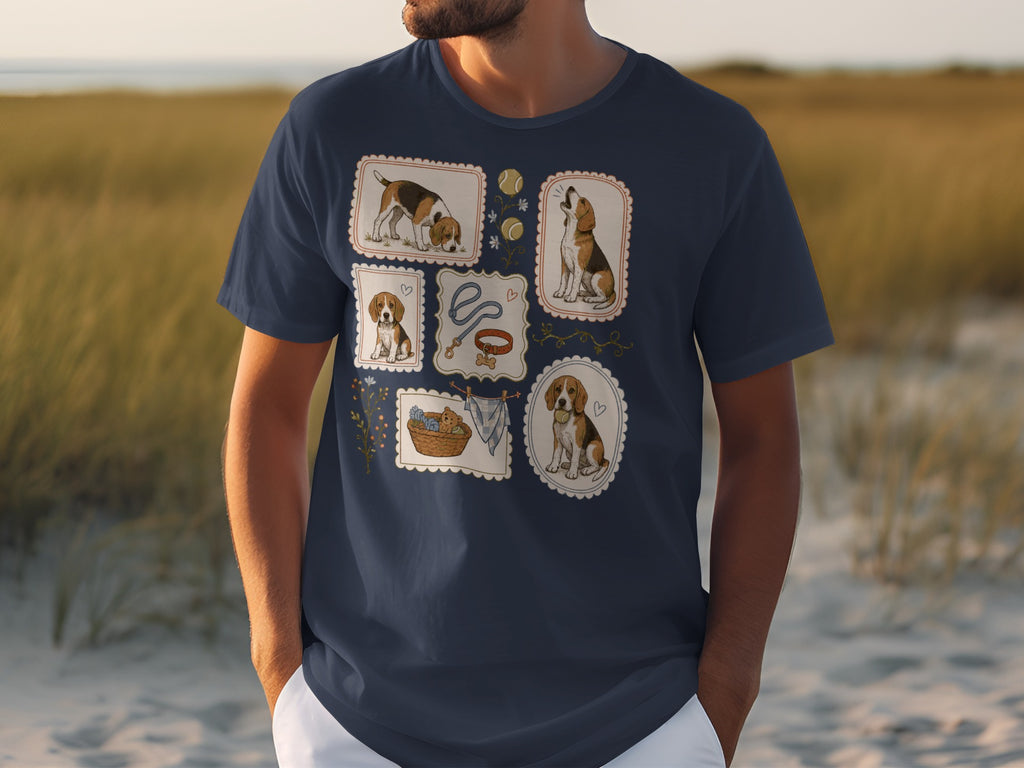 Navy t-shirt with framed illustrations of beagles and dog accessories.