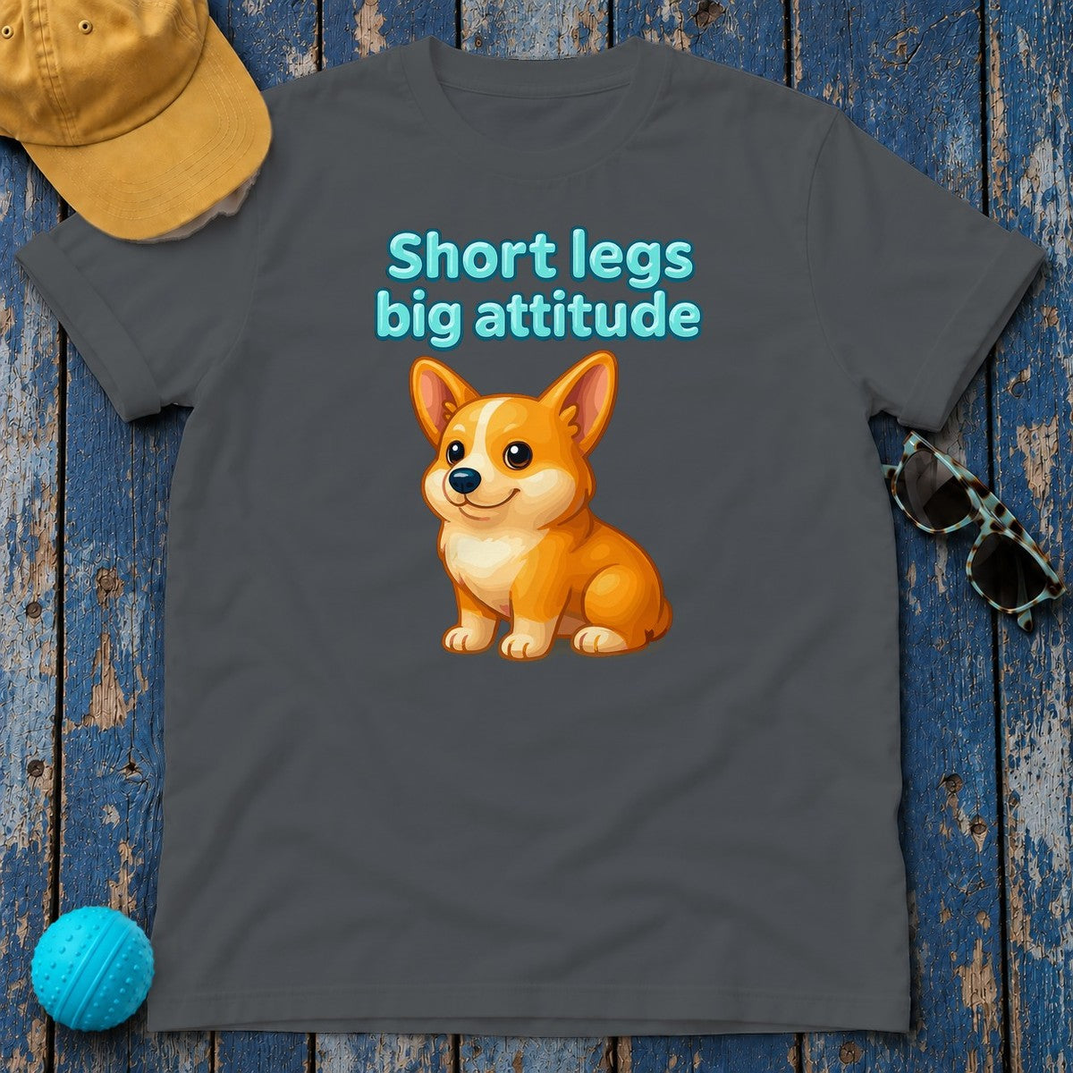 Short Legs Big Attitude T-Shirt, Corgi Dog Shirt, Cute Puppy T-shirt, Funny Animal Shirt, Sassy Dog Lover Gift, Cartoon Dog Apparel in Charcoal