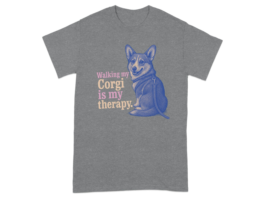 Gray t-shirt with a corgi and text reading "Walking my Corgi is my therapy."