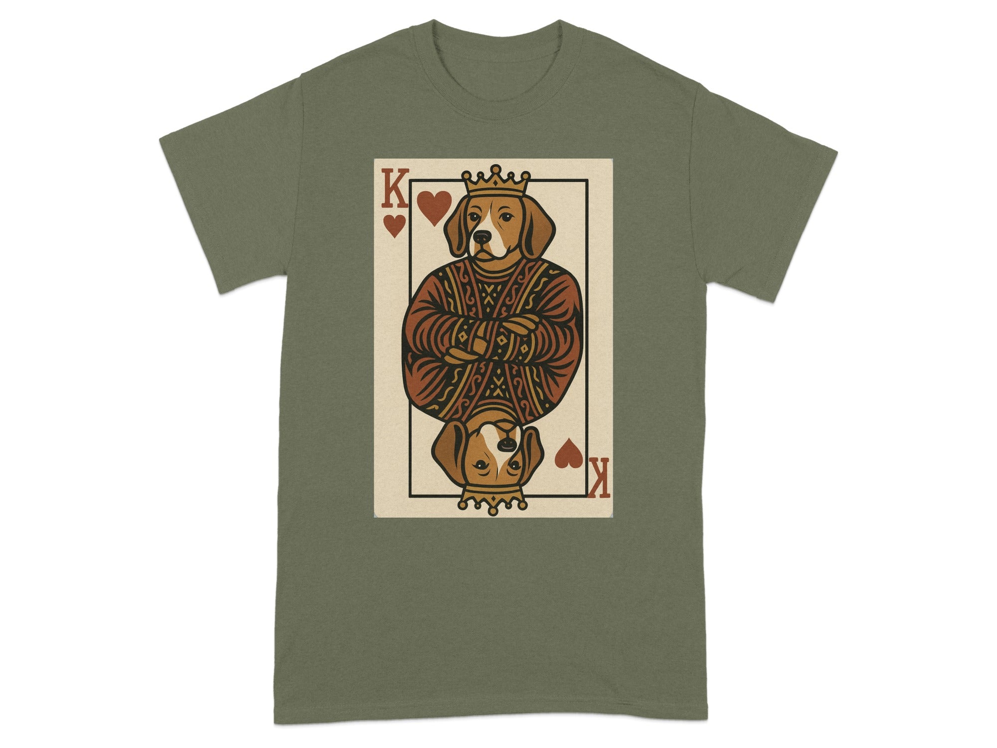 King of pups playing card design on a green t-shirt.