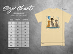 Gildan 5000 heavy cotton t-shirt size chart with dog graphic.