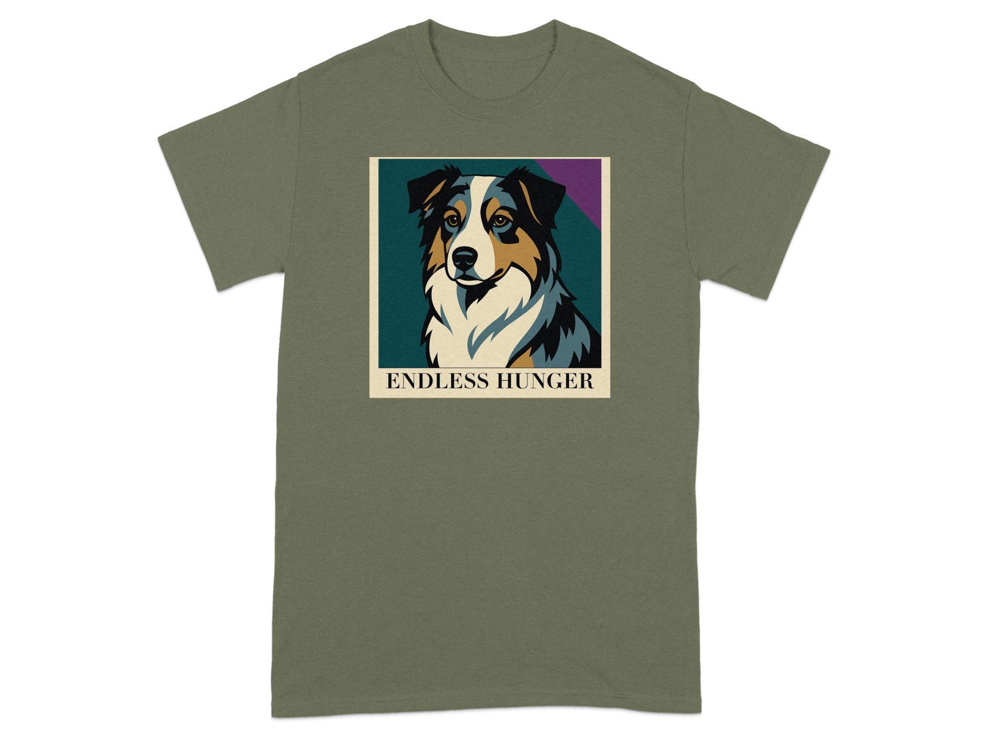 T-shirt with a framed portrait of a dog and the text "ENDLESS HUNGER".