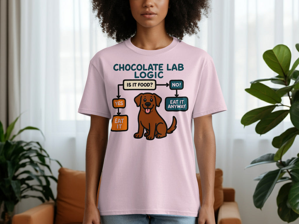 Pink t-shirt with "Chocolate Lab Logic" flowchart and a dog illustration.