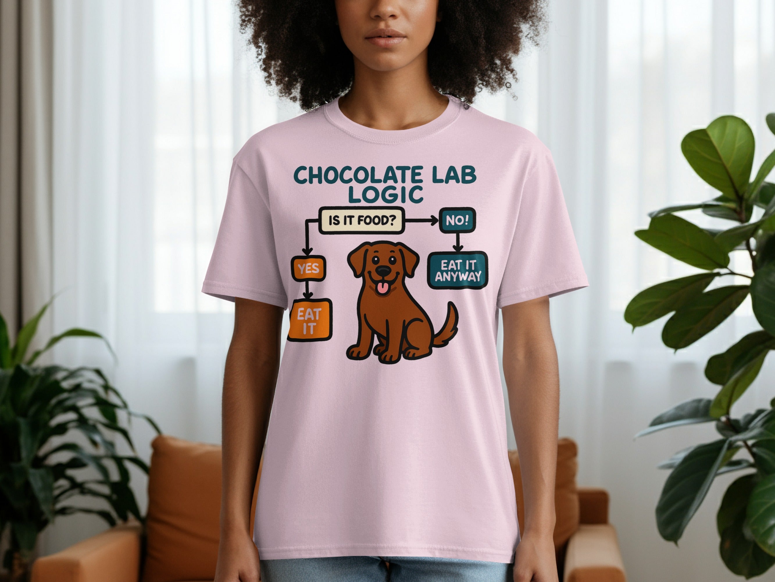 Pink t-shirt with "Chocolate Lab Logic" flowchart and a dog illustration.