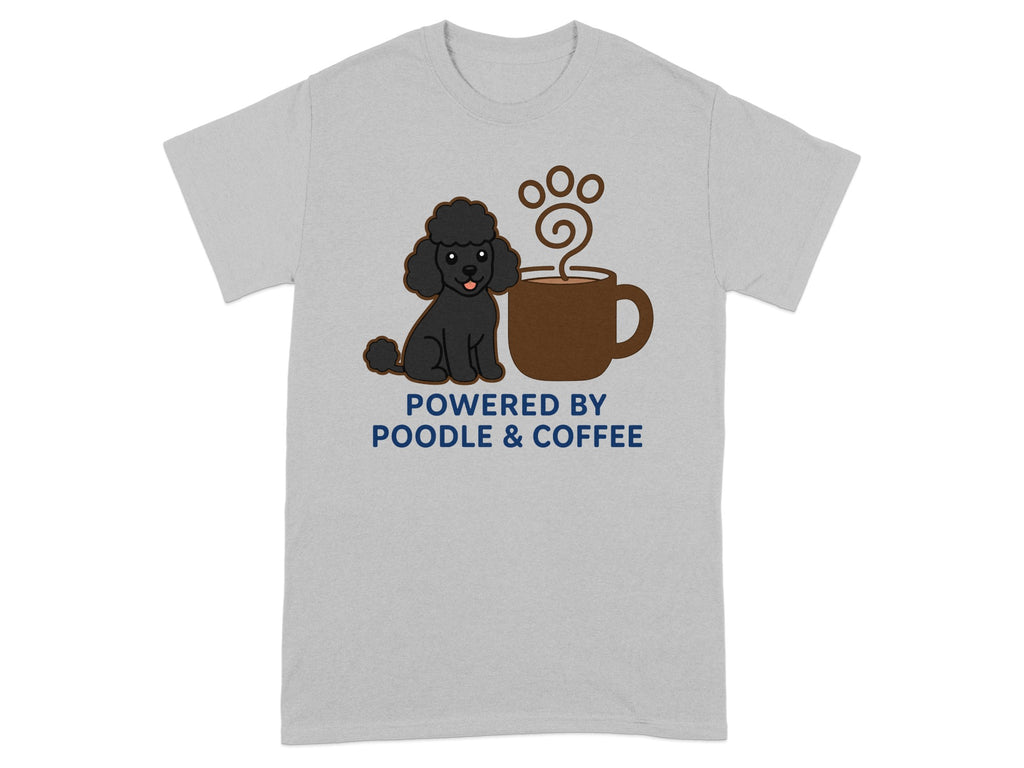 Gray t-shirt with a poodle silhouette and coffee cup, "Powered by Poodle & Coffee" text.