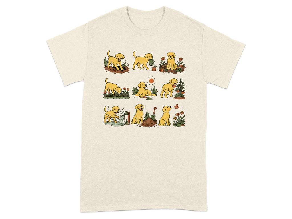 Nine illustrations of a puppy gardening, planting flowers, and playing with a hose.