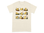 Nine illustrations of a puppy gardening, planting flowers, and playing with a hose.