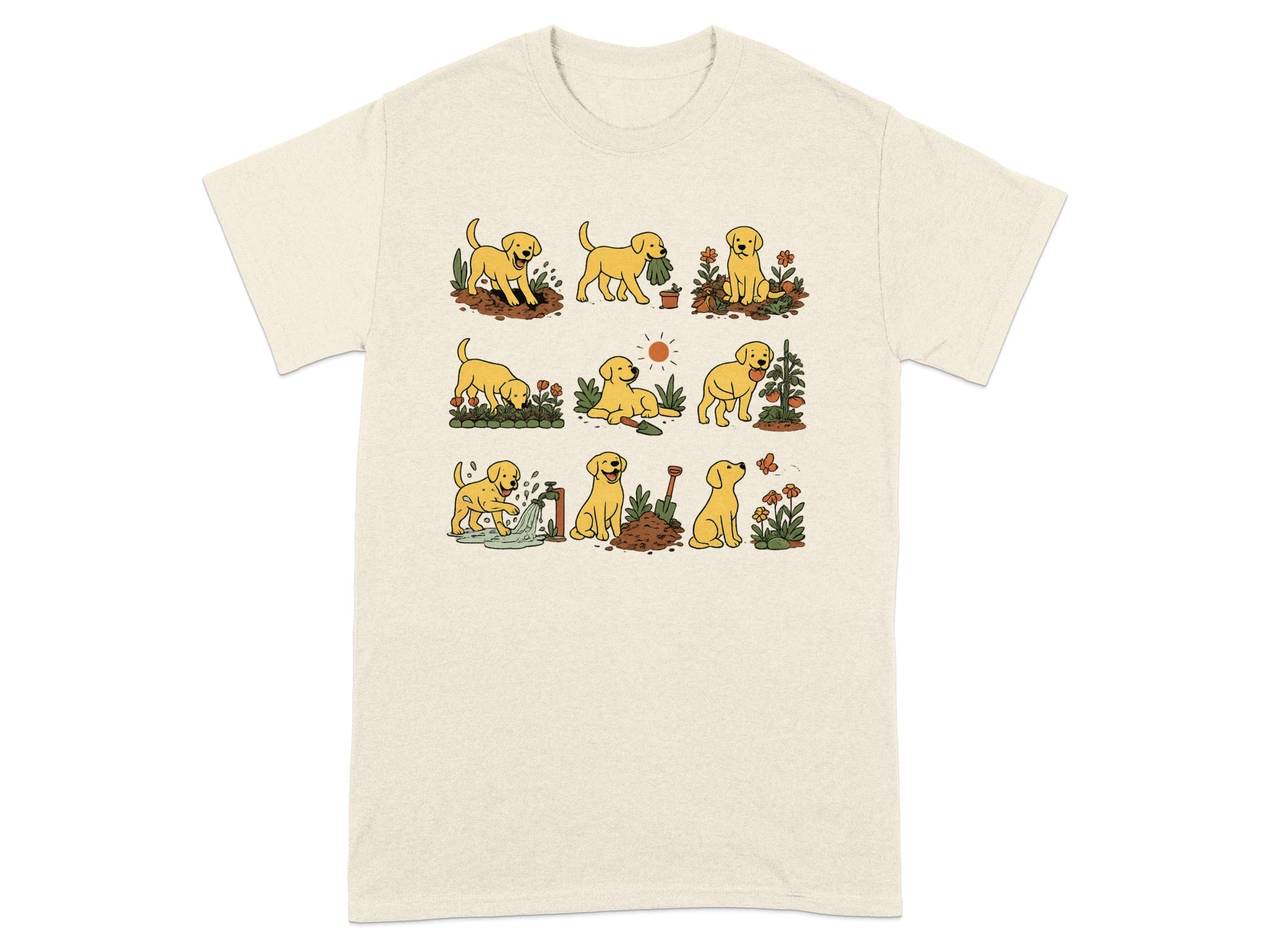 Nine illustrations of a puppy gardening, planting flowers, and playing with a hose.