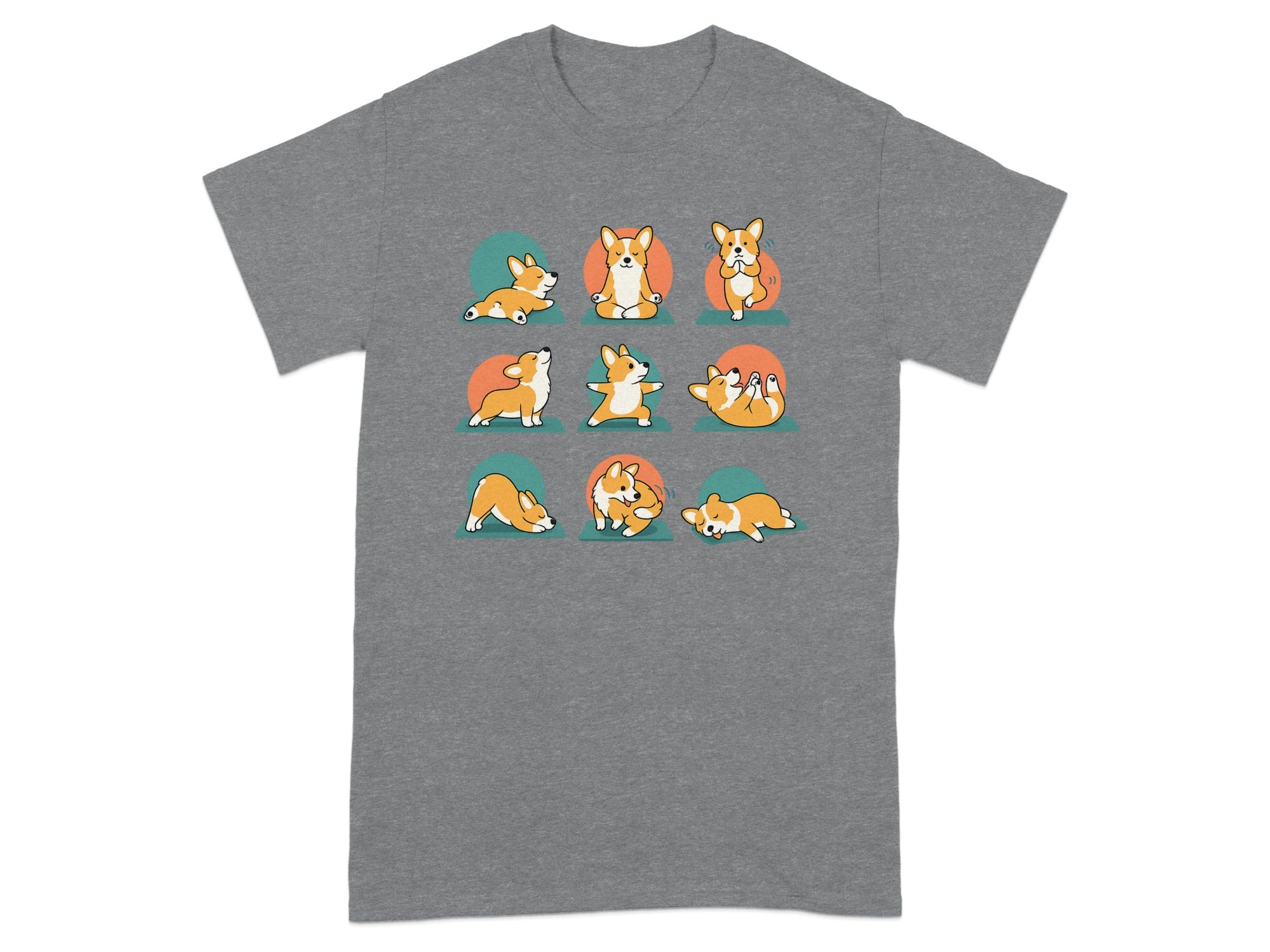 Nine cute corgi illustrations are shown doing different yoga poses against colorful circles.