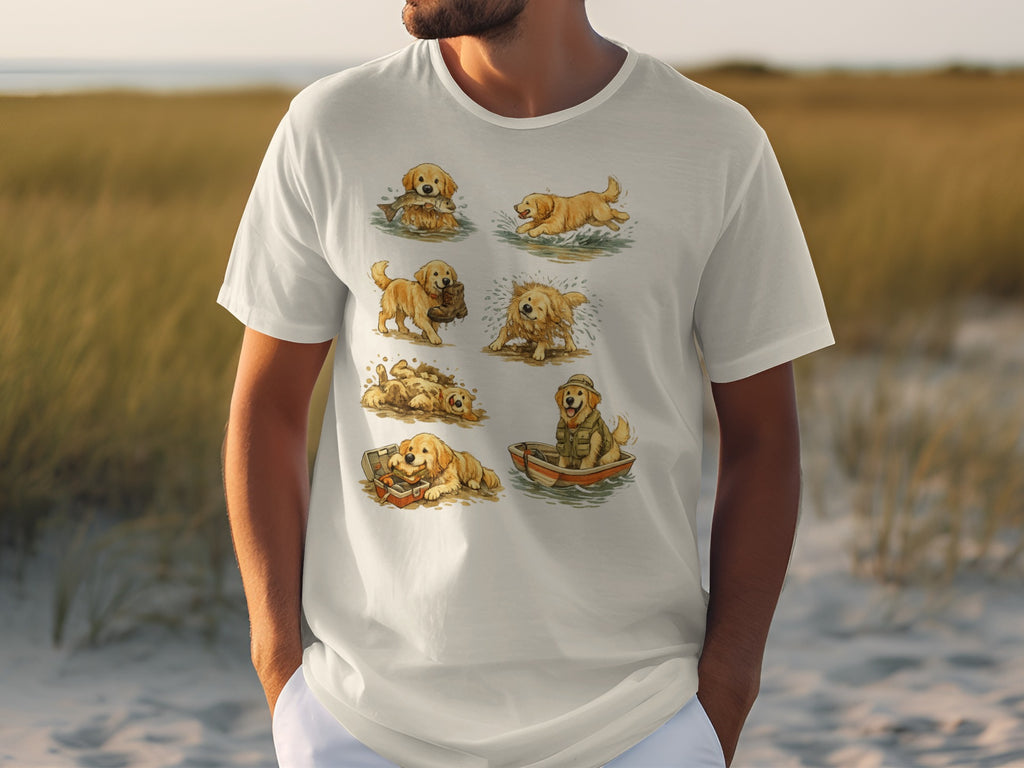 White t-shirt with a collage of cartoon golden retrievers in various outdoor activities.