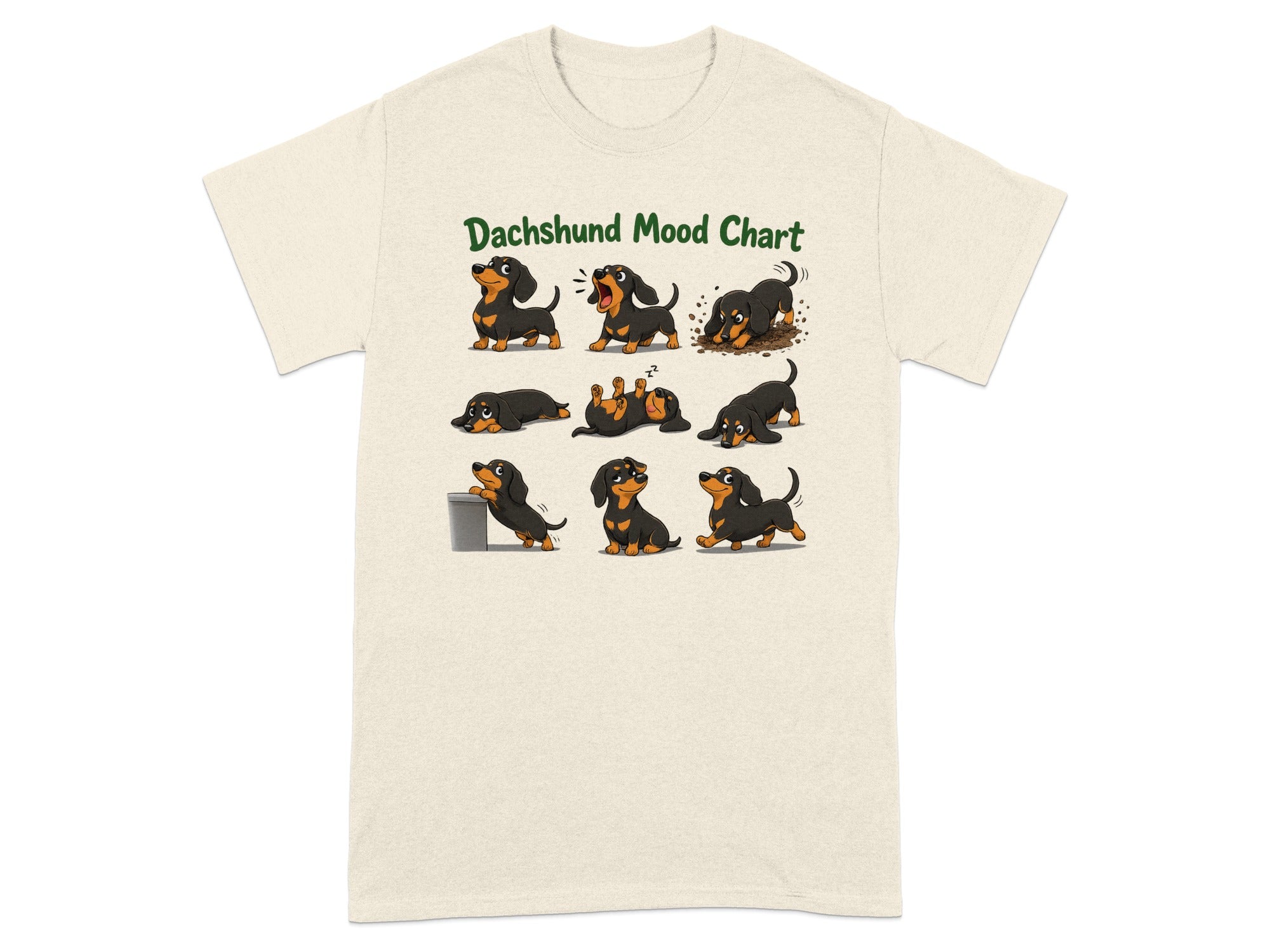 Dachshund mood chart showing various dachshund activities and emotions.