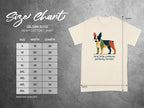 Gildan 5000 t-shirt size chart with measurements and printed French bulldog graphic.
