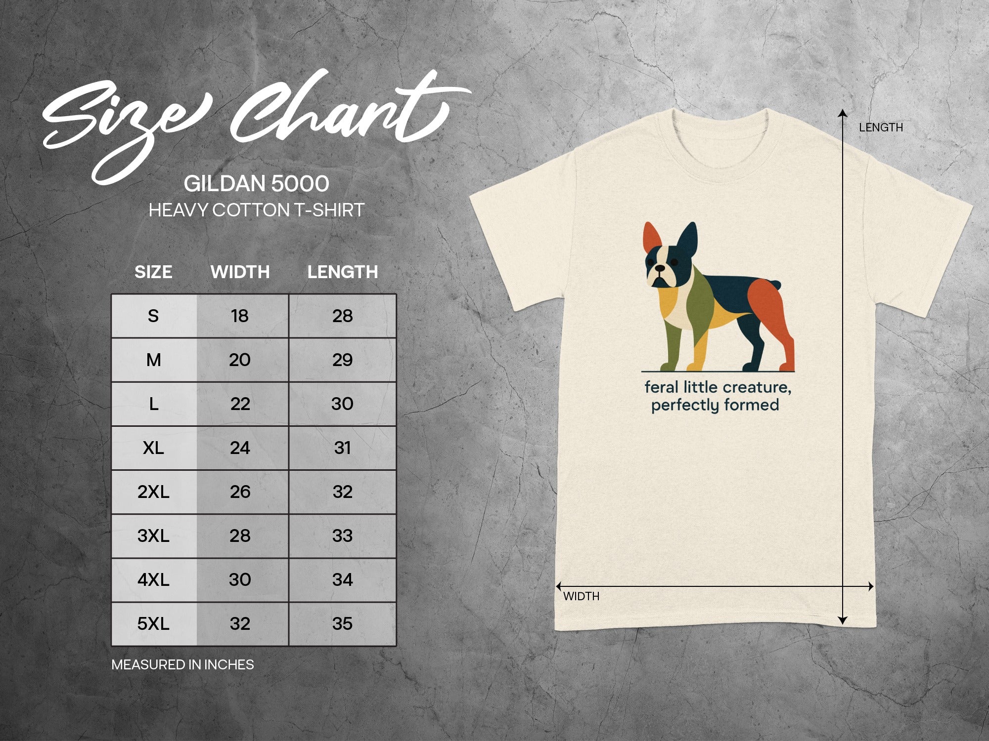 Gildan 5000 t-shirt size chart with measurements and printed French bulldog graphic.