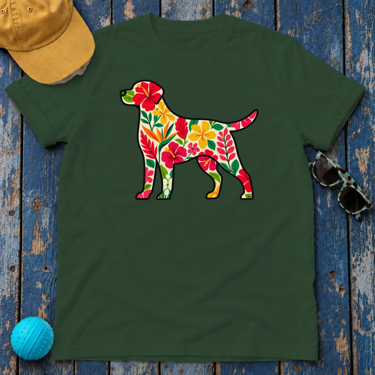 Floral Labrador with Hawaiian Flowers T-Shirt in Forest Green