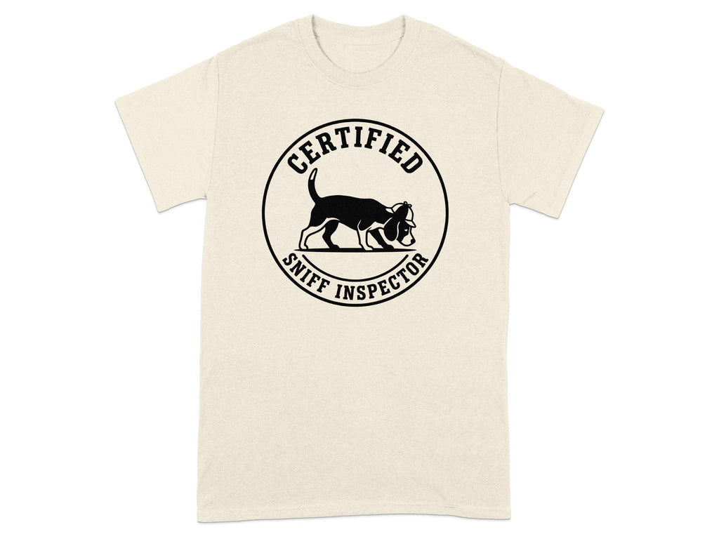 T-shirt with black circular logo featuring a dog wearing glasses and the words "Certified Sniff Inspector".