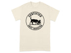T-shirt with black circular logo featuring a dog wearing glasses and the words "Certified Sniff Inspector".
