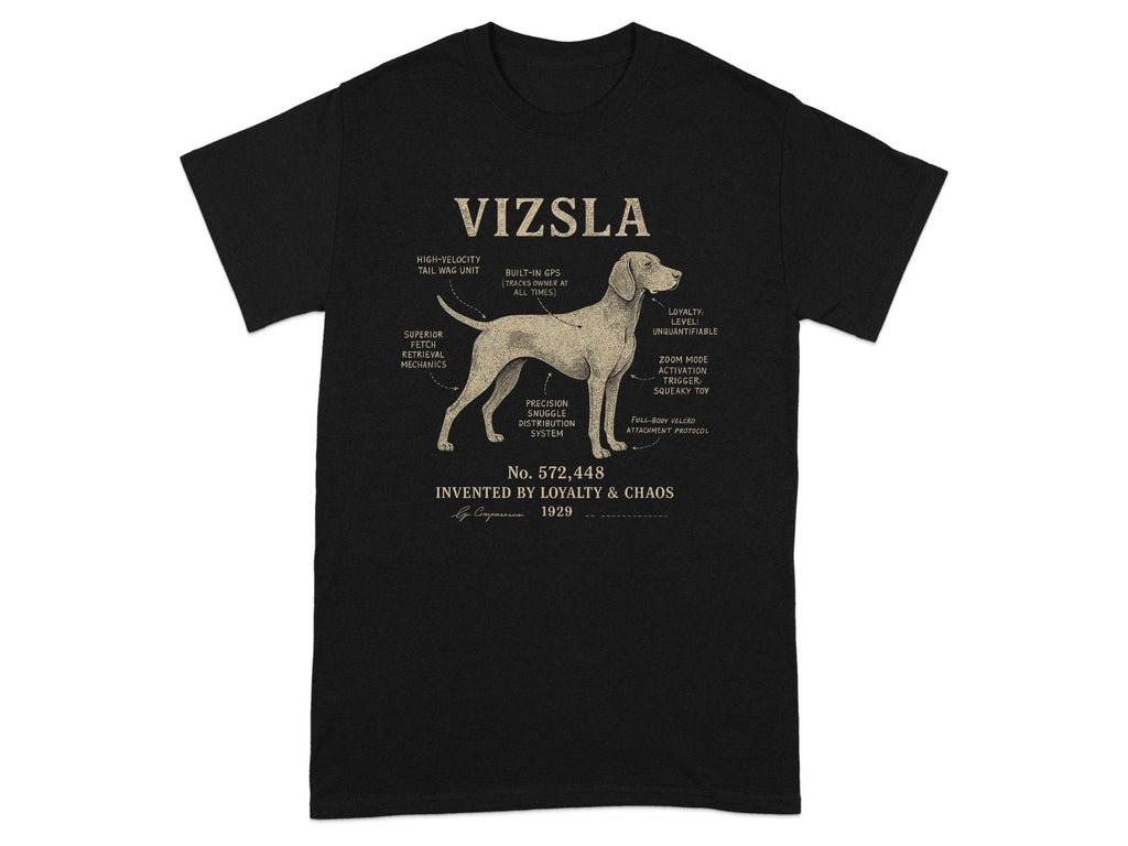 Black t-shirt featuring a humorous diagram of a Vizsla with labeled, exaggerated features.