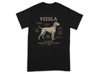 Black t-shirt featuring a humorous diagram of a Vizsla with labeled, exaggerated features.