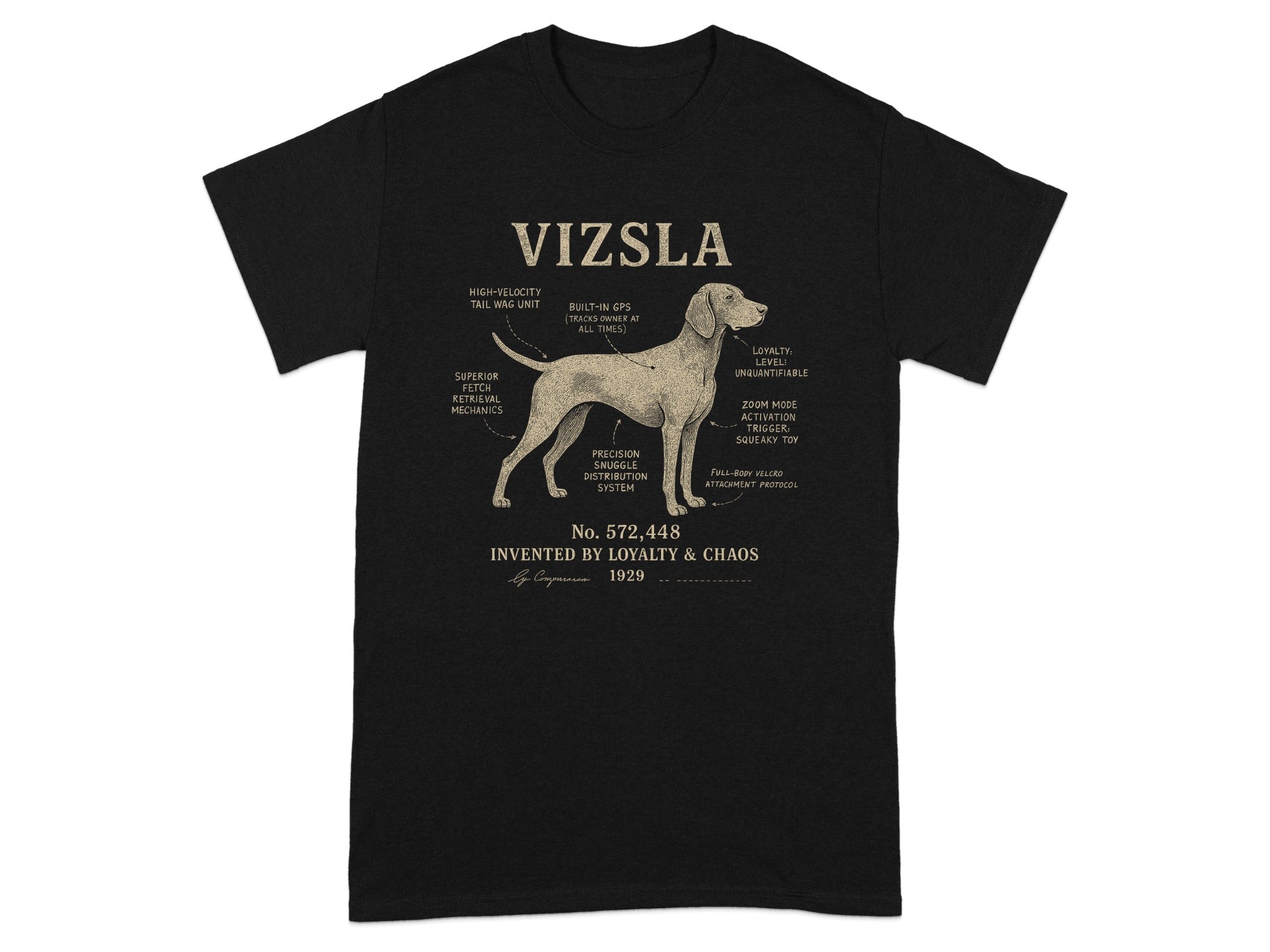 Black t-shirt featuring a humorous diagram of a Vizsla with labeled, exaggerated features.