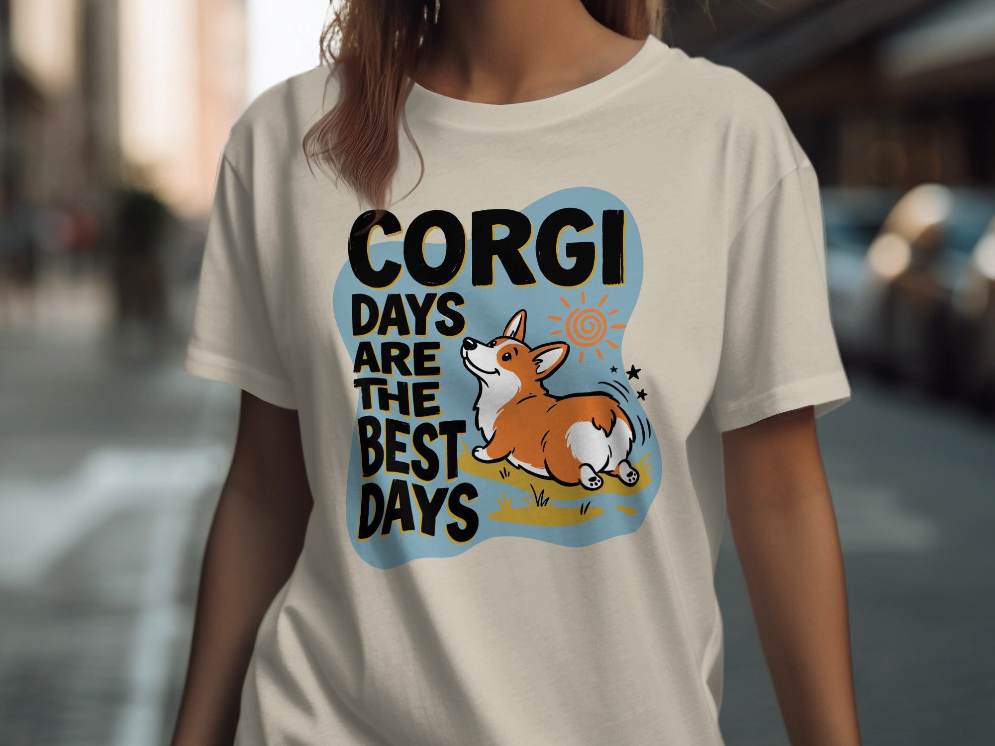 Cream t-shirt with "Corgi Days Are The Best Days" text and a corgi illustration.