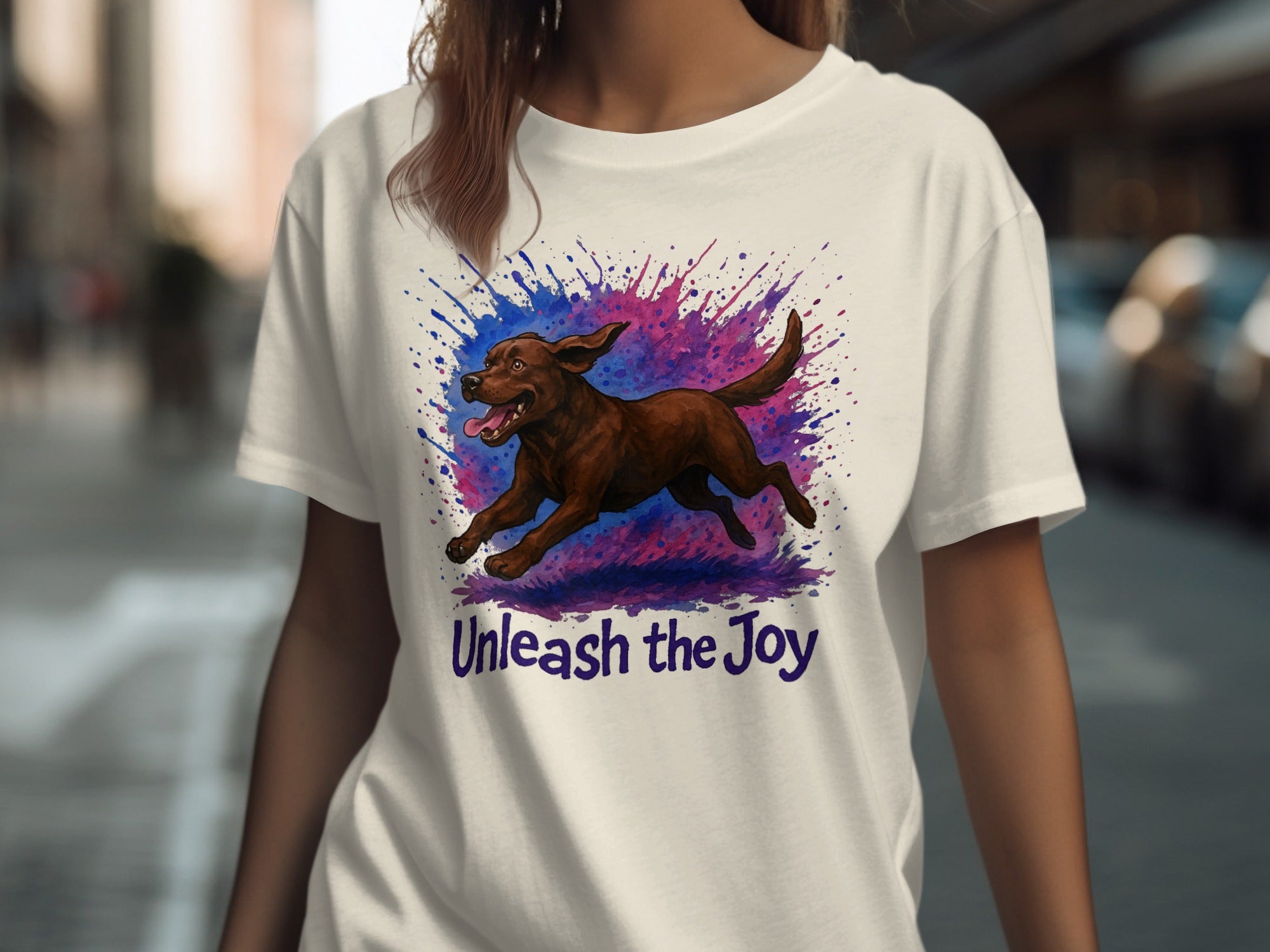 White t-shirt with a brown dog graphic and "Unleash the Joy" text.