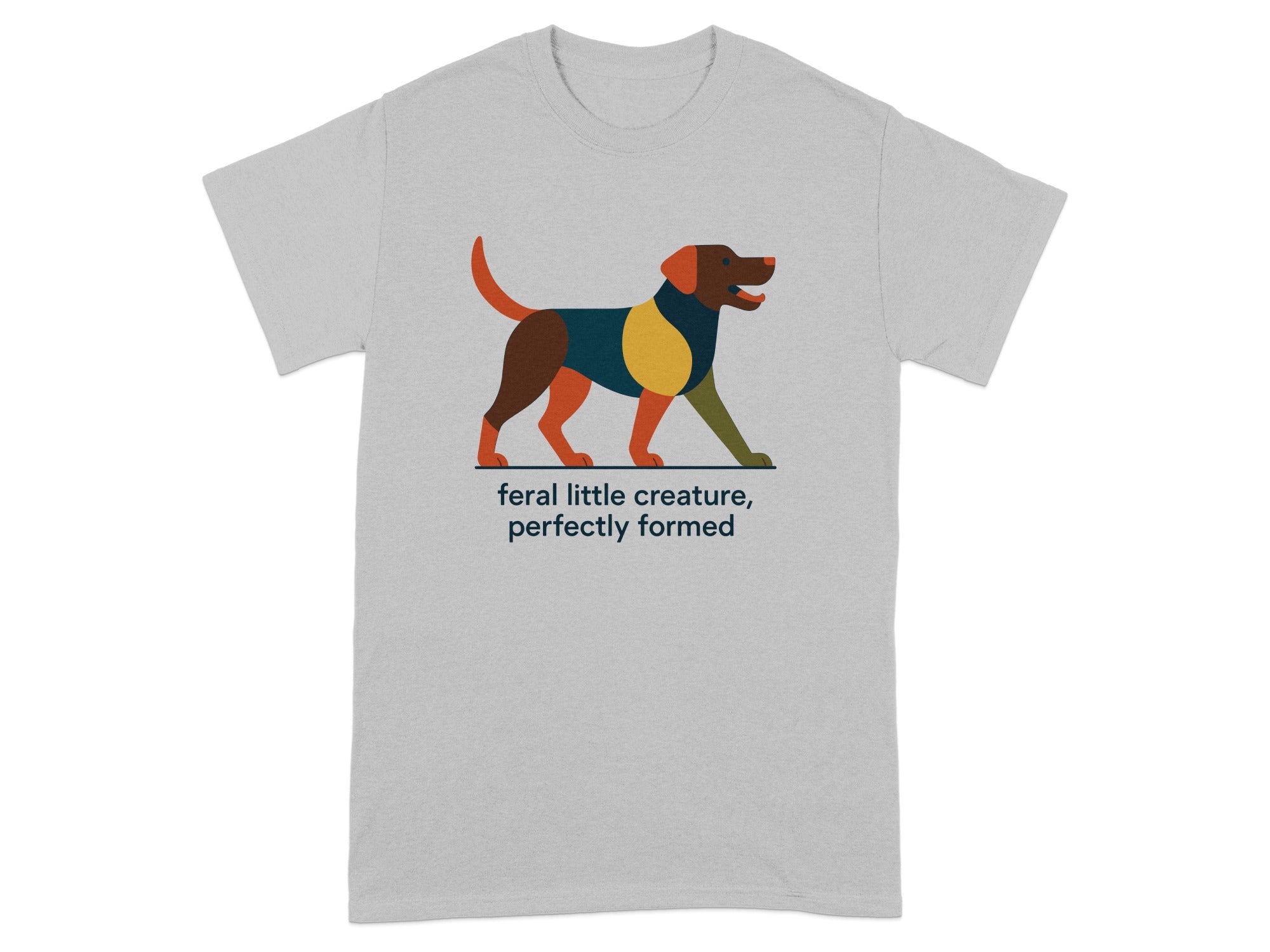 Grey t-shirt with geometric dog graphic and text "feral little creature, perfectly formed".