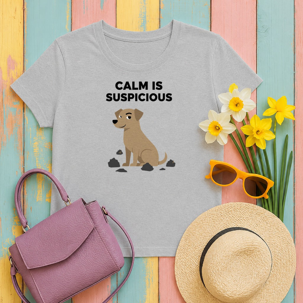 CALM IS SUSPICIOUS Dog Graphic Humorous Quote T-Shirt in Sport Grey